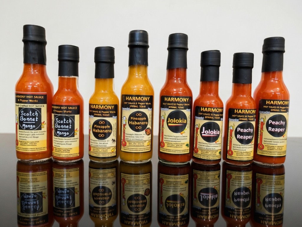 Full Harmony lineup: Scotch Bonnet Mango, Pineapple Habanero, Jolokia, and Peachy Reaper (two bottle sizes each)