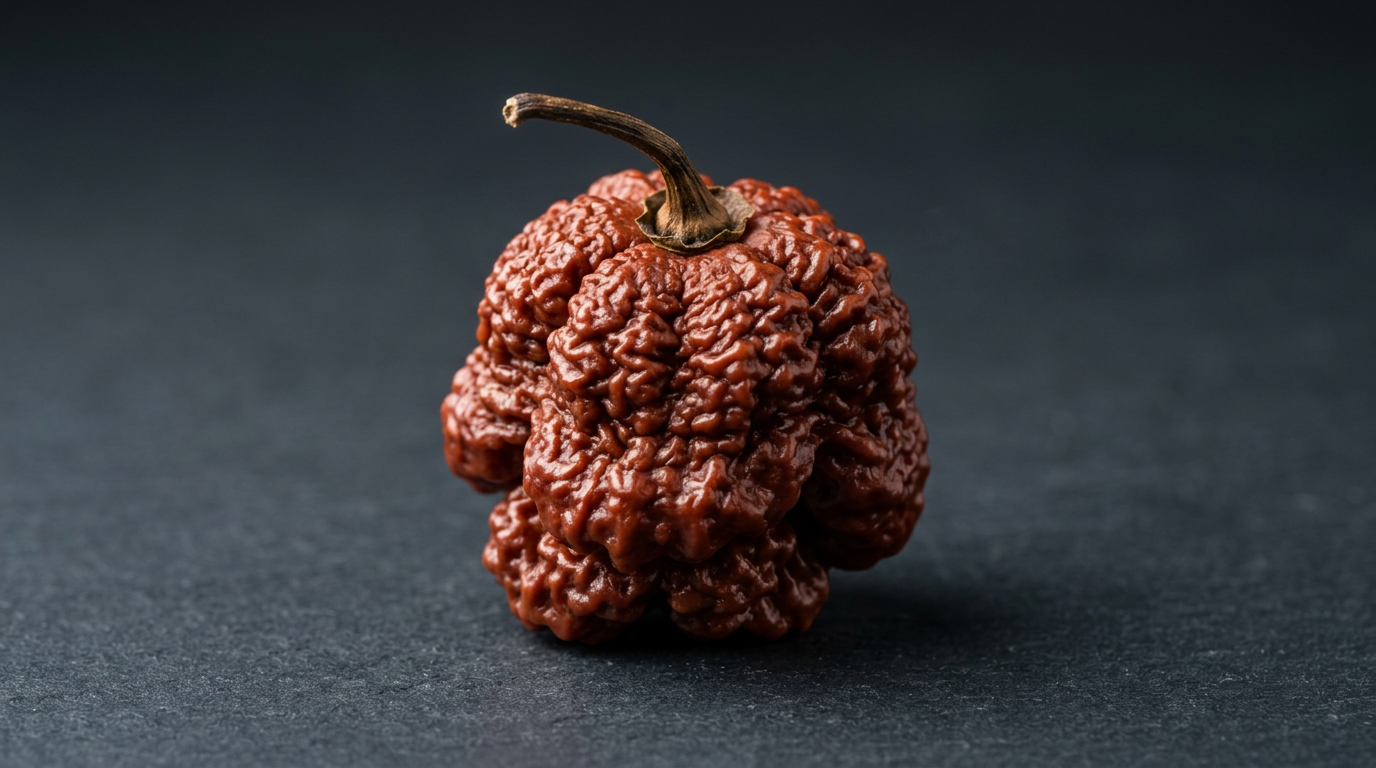 A single 7 Pot Brain Strain superhot pepper with extreme bumpy brain-like texture, photographed against a dark charcoal background.