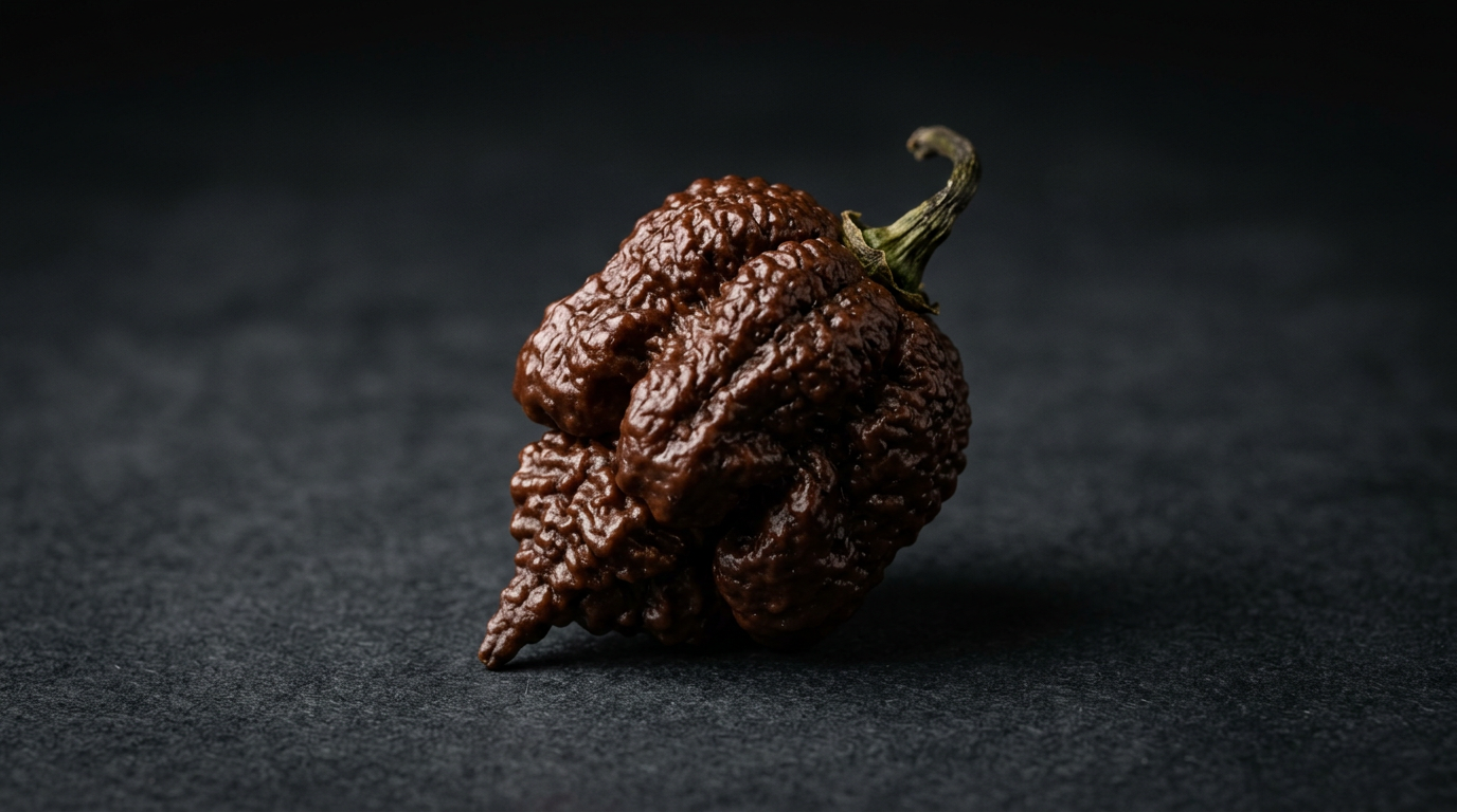 A single chocolate-brown gnarled 7 Pot Douglah superhot pepper, photographed against a dark charcoal background.