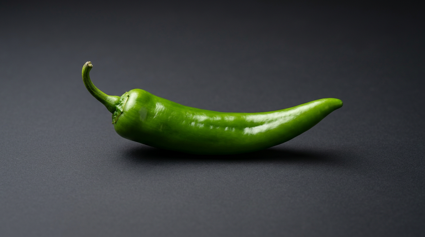 A single fresh green Anaheim chili pepper, long mild tapered pod with stem, photographed against a dark charcoal background.