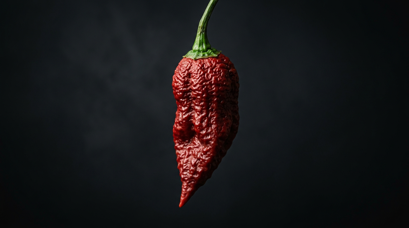 A single fresh deep red Bhut Jolokia ghost pepper with its signature wrinkled tapered pod, photographed against a dark charcoal background.