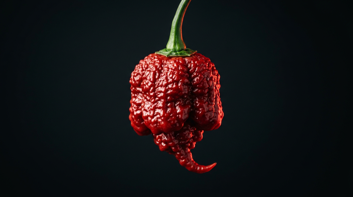 A single fresh deep red Carolina Reaper pepper with its iconic gnarled body and pointed scorpion tail, photographed against a dark charcoal background.