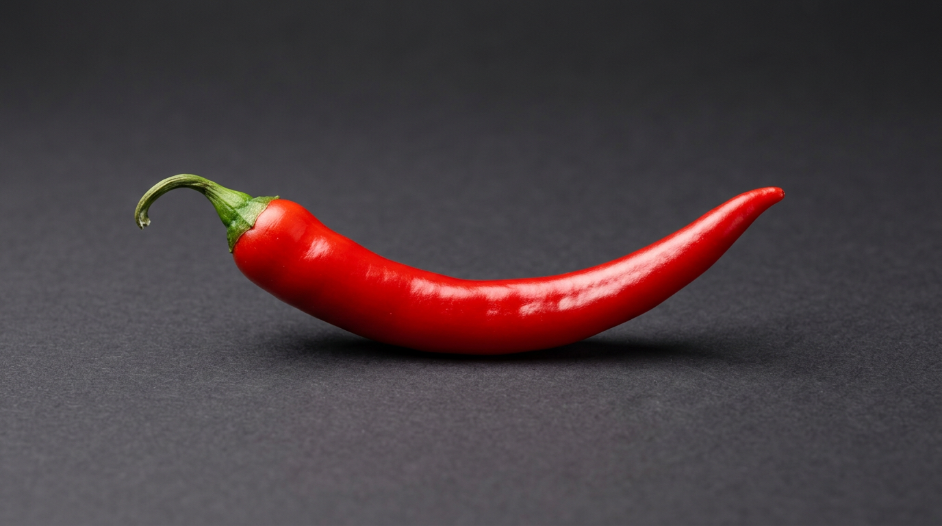 A single fresh long red Cayenne chili pepper with smooth glossy skin, photographed against a dark charcoal background.