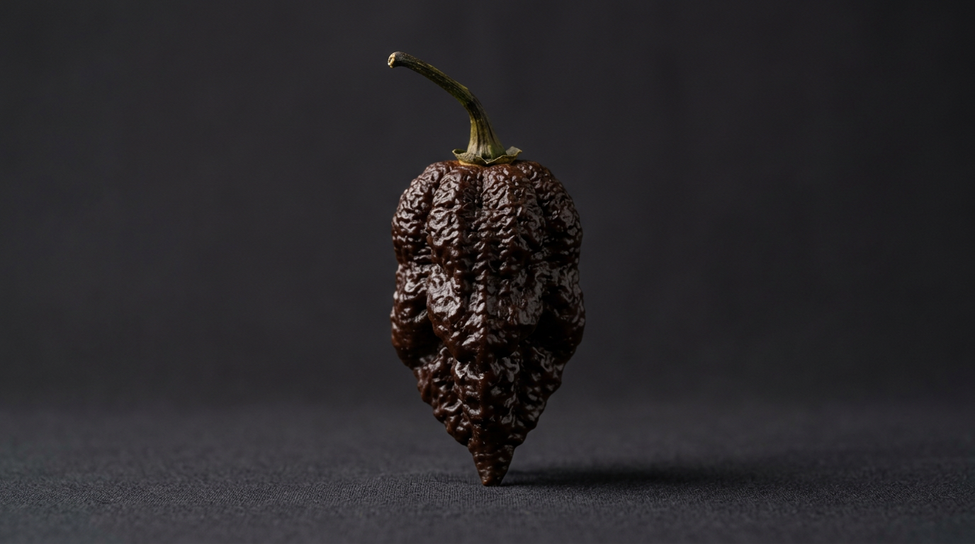 A single dark brown deeply wrinkled Chocolate Bhutlah hybrid superhot pepper, photographed against a dark charcoal background.