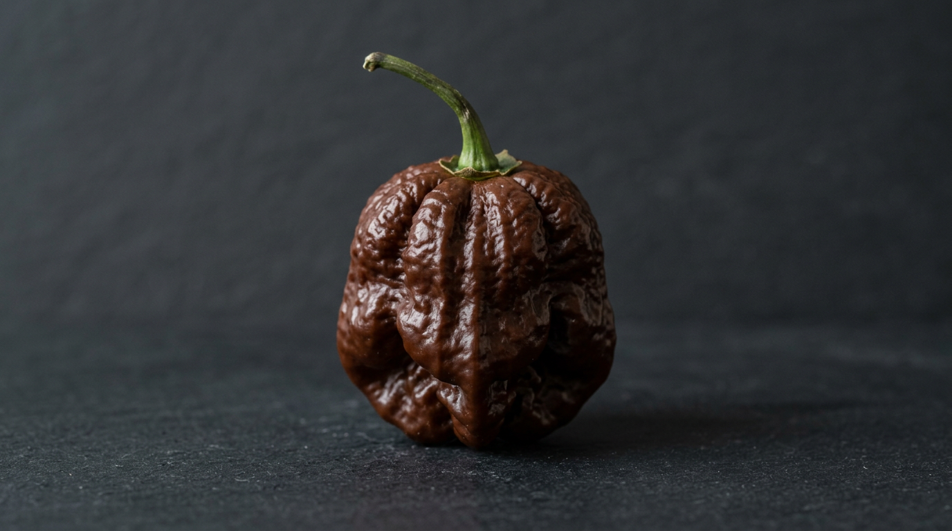 A single dark brown Chocolate Habanero pepper with wrinkled lantern-shaped pod, photographed against a dark charcoal background.