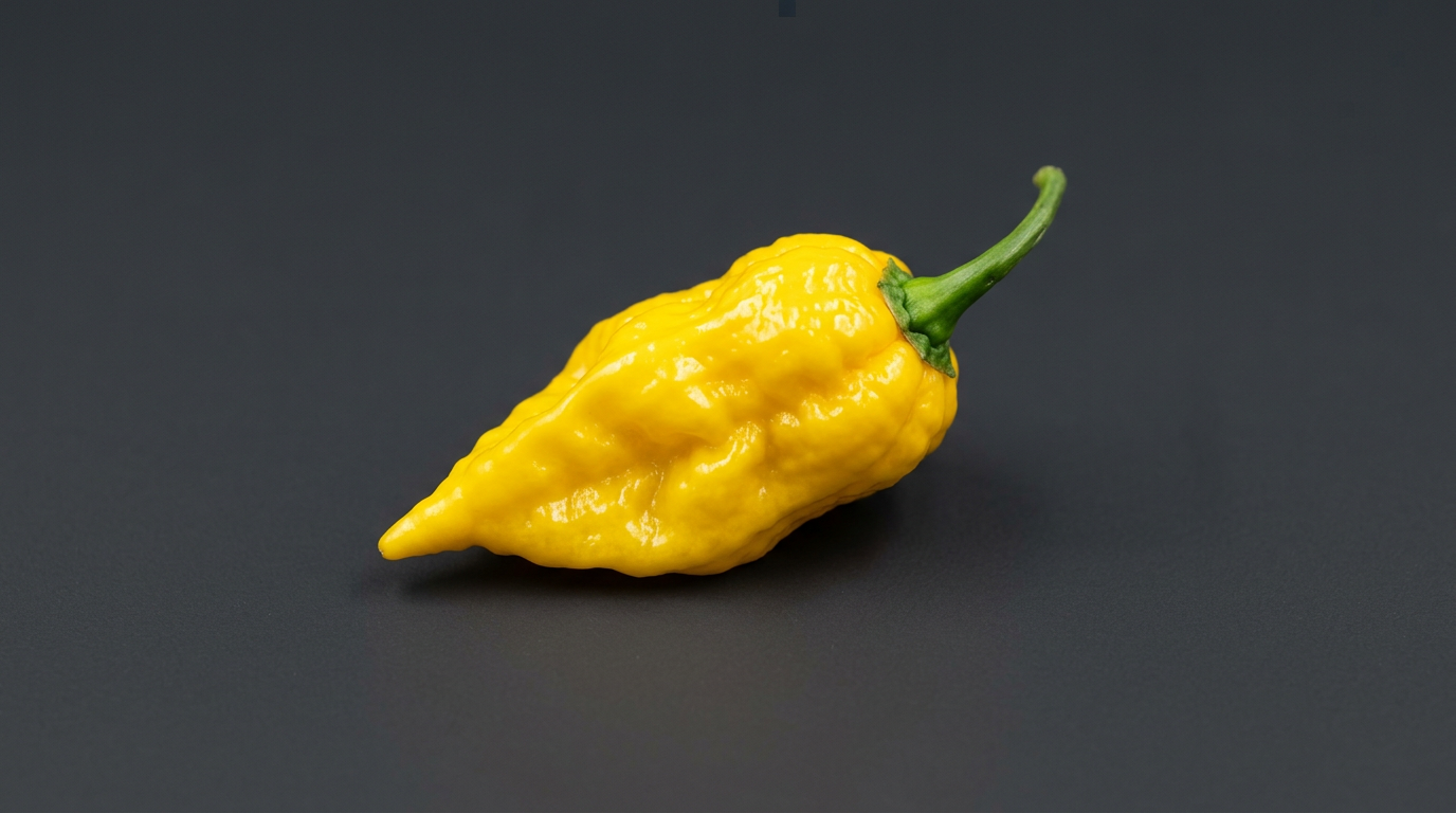 A single bright yellow Fatalii pepper with wrinkled tapered chinense pod, photographed against a dark charcoal background.