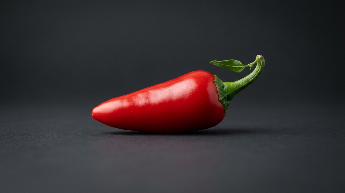 A single ripe red Fresno chili pepper with glossy skin and stem, photographed against a dark charcoal background.