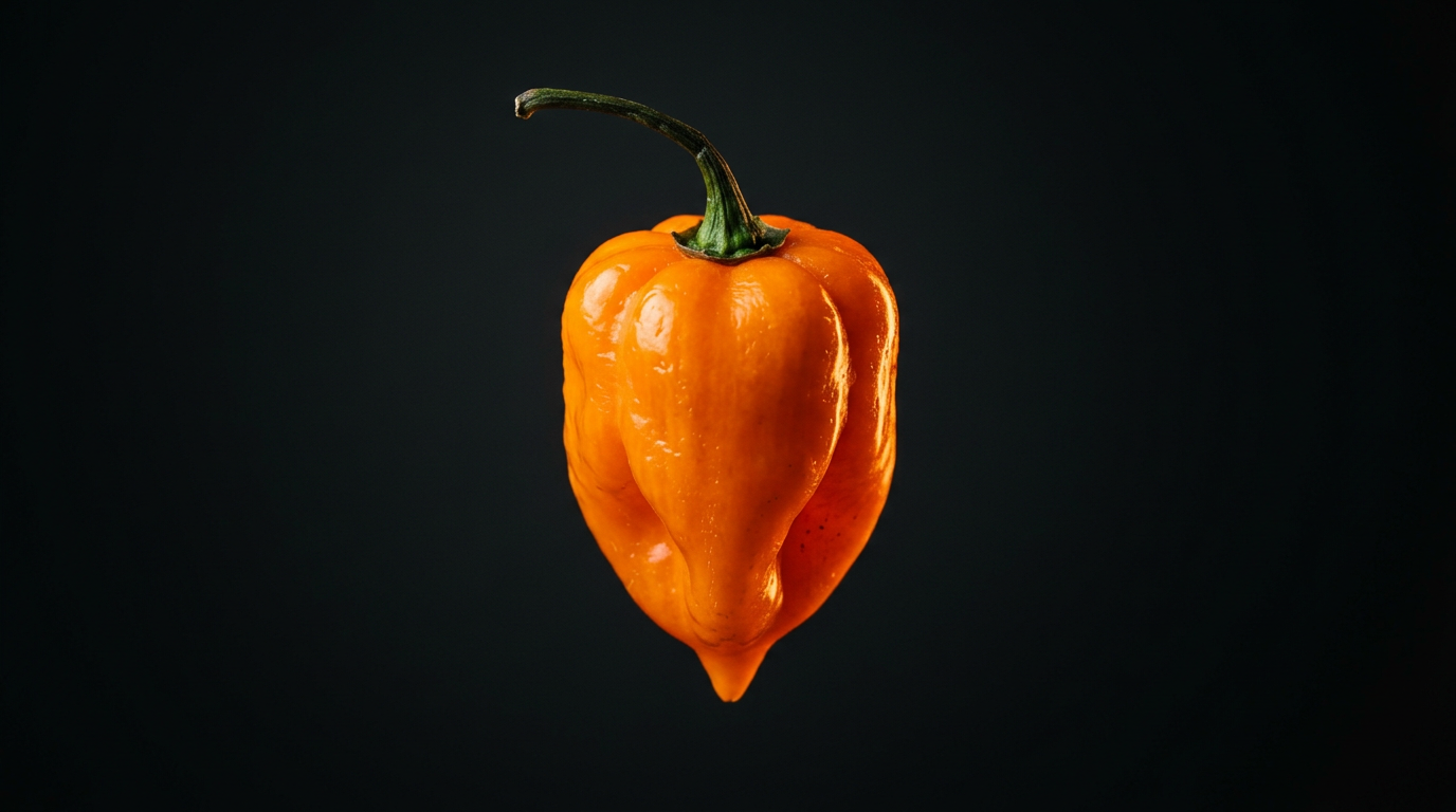 A single fresh bright orange Habanero pepper with its classic lantern shape and attached green stem, photographed against a dark charcoal background.