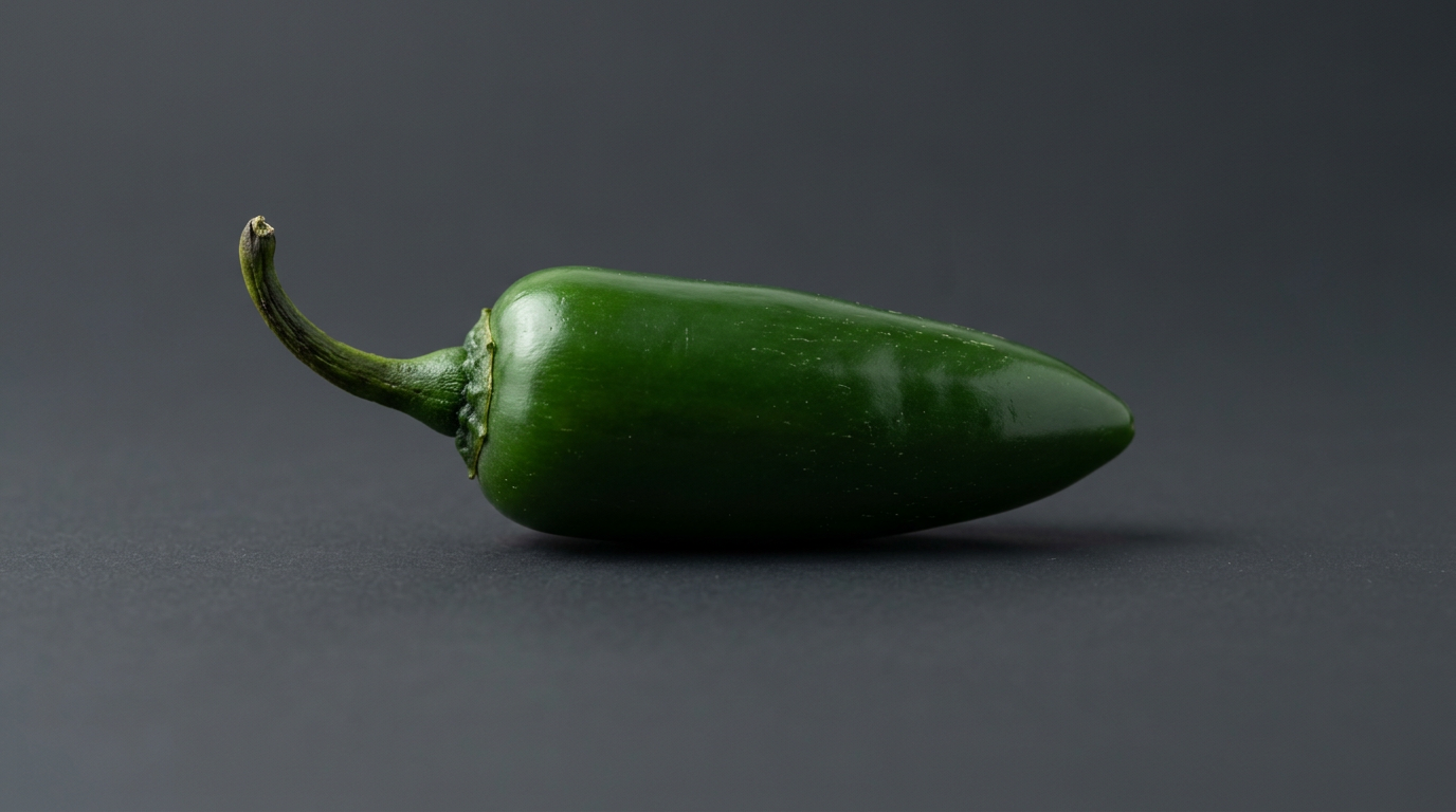 A single fresh green Jalapeño pepper with thick walls and classic tapered shape, photographed against a dark charcoal background.