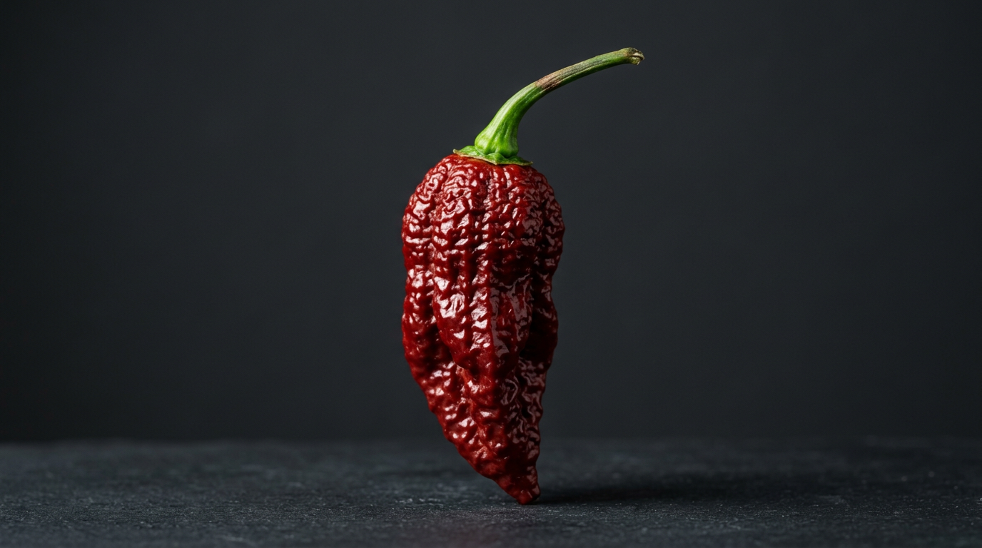 A single deep red wrinkled Naga Morich ghost-type pepper with tapered pod, photographed against a dark charcoal background.