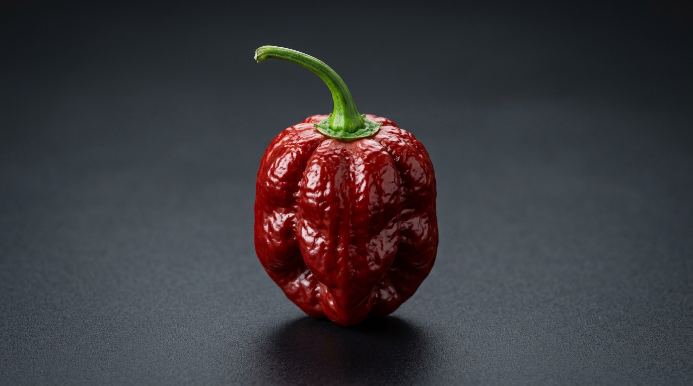 A single deep red Red Savina Habanero pepper with classic lantern shape, photographed against a dark charcoal background.