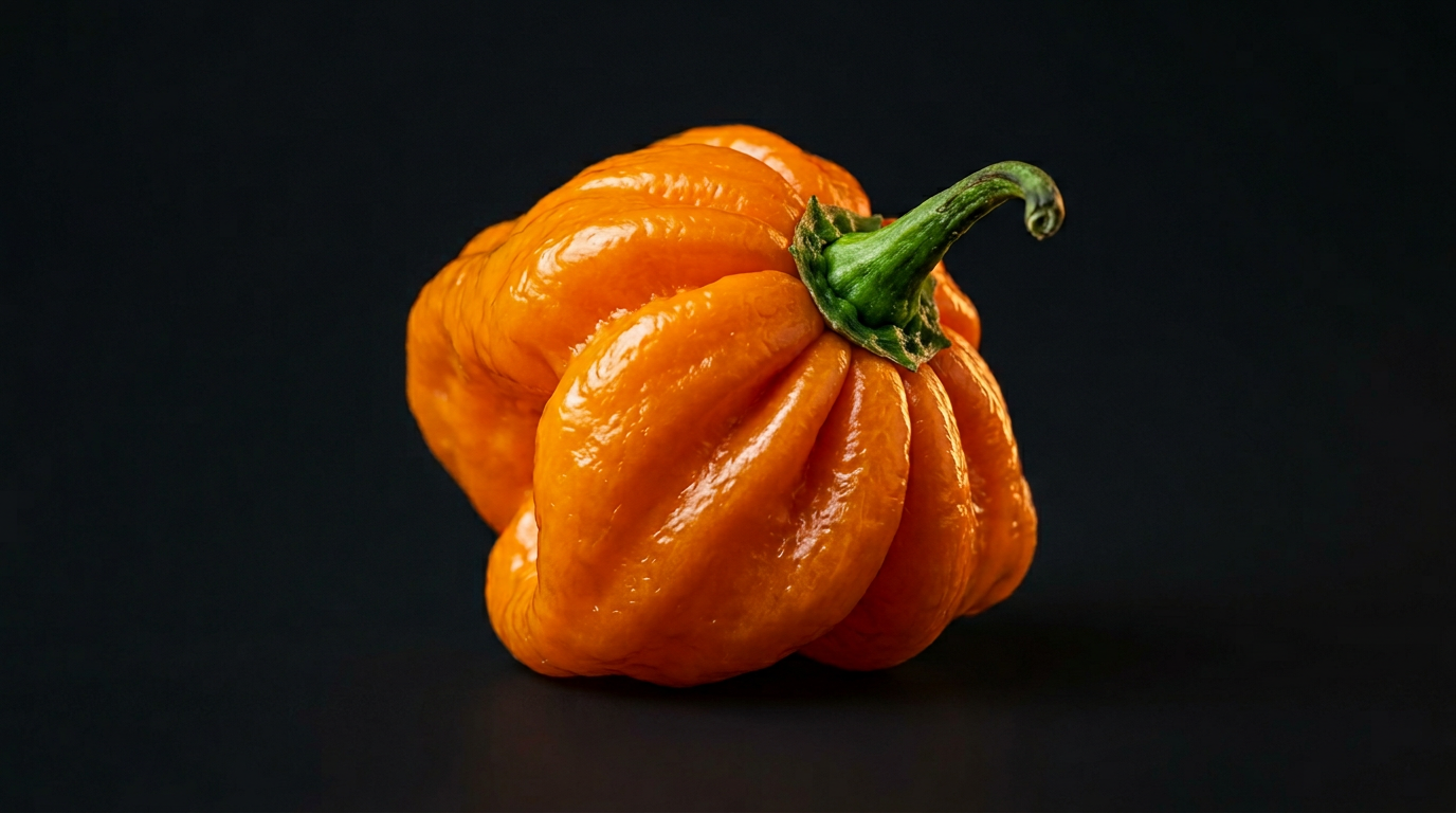 A single fresh vibrant orange Scotch Bonnet pepper with its distinctive pleated bonnet shape, photographed against a dark charcoal background.