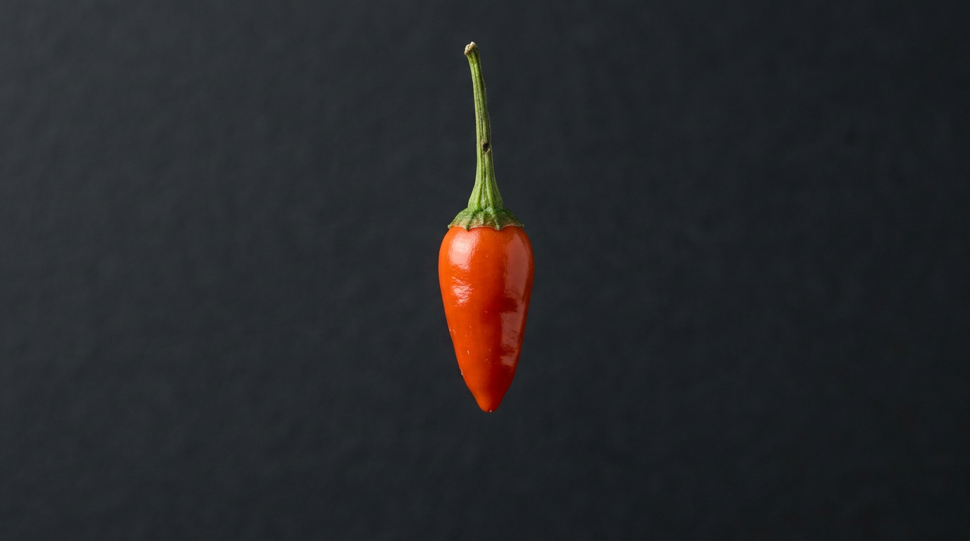 A single Tabasco cultivar pepper, small Capsicum frutescens pod with glossy skin, photographed against a dark charcoal background.