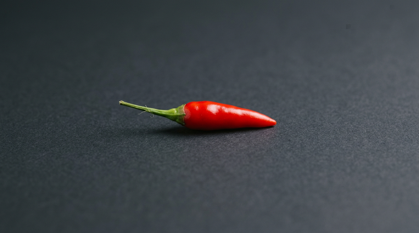 A single tiny bright red Thai bird’s eye chili pepper on stem, photographed against a dark charcoal background.