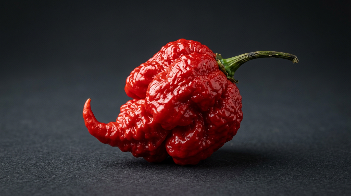 A single deeply wrinkled red Trinidad Moruga Scorpion superhot pepper, photographed against a dark charcoal background.