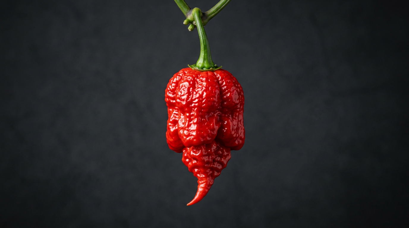 A single bright red gnarled Trinidad Scorpion superhot pepper with scorpion-tail tip, photographed against a dark charcoal background.